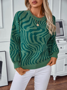 Dark Green / S Geometric Round Neck Long Sleeve Sweater