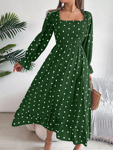 Dark Green / S Polka Dot Flounce Sleeve Midi Dress