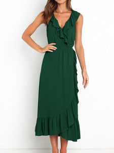 Dark Green / S Ruffled Surplice Sleeveless Midi Dress