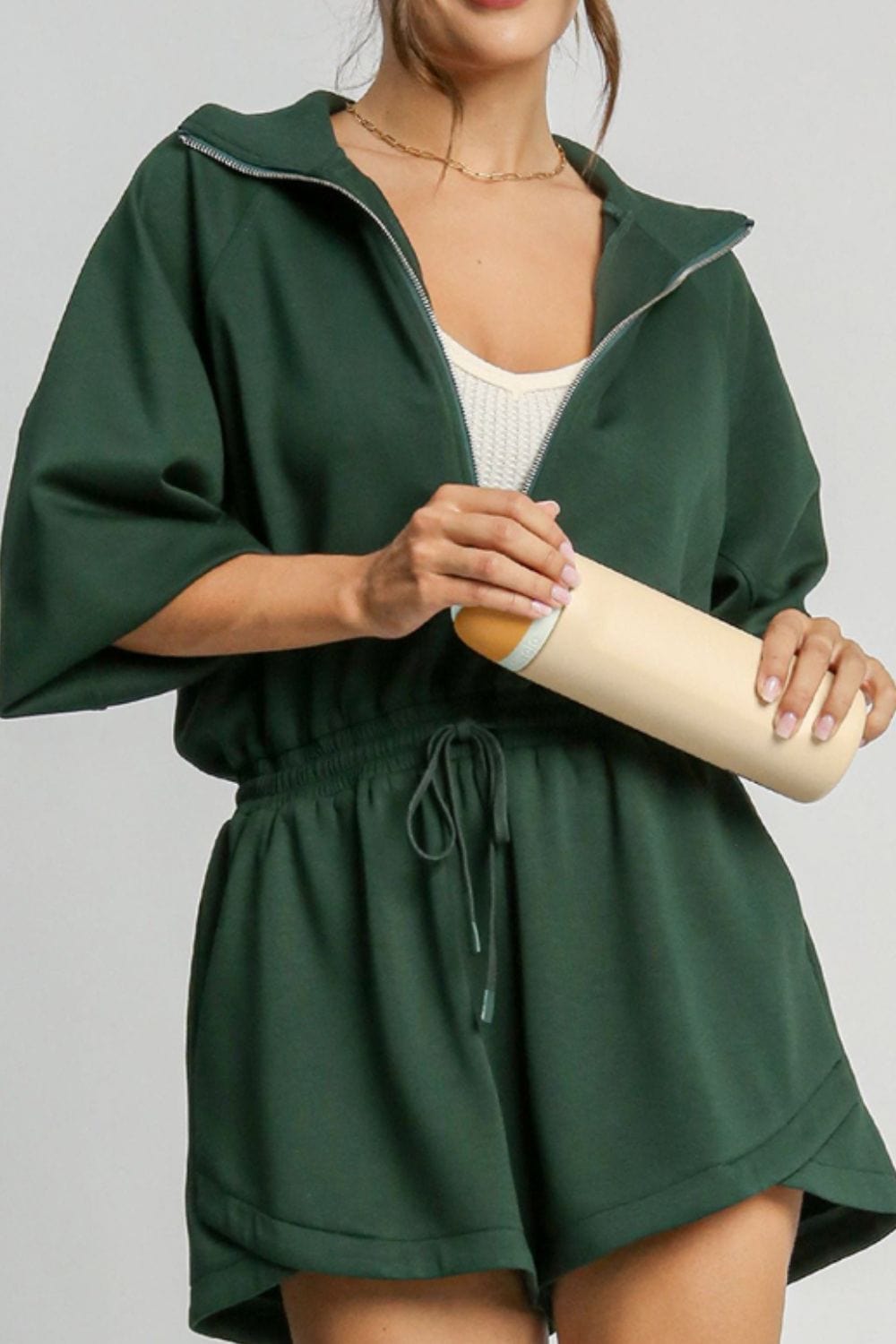 Dark Green / (US 4-6)S Drawstring Half Zip Long Sleeve Romper