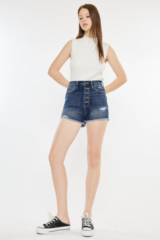 Dark / S Kancan Raw Hem Button Fly Denim Shorts