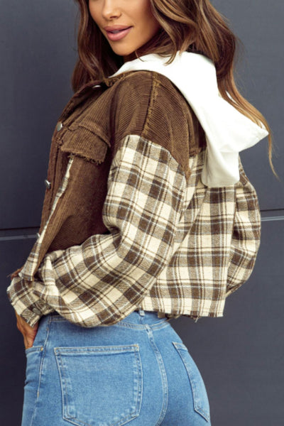 Raw Hem Plaid Cropped Hooded Jacket