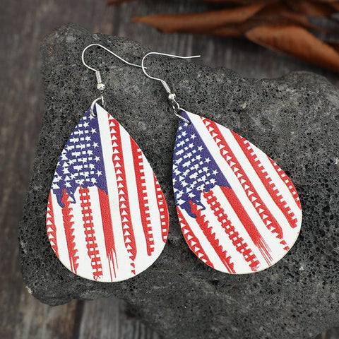 Deep Red / One Size PU Leather US Flag Teardrop Shape Earrings