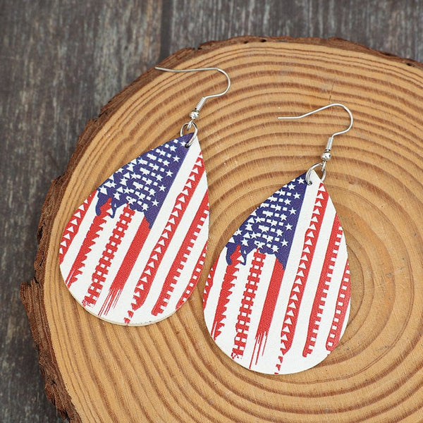 Deep Red / One Size PU Leather US Flag Teardrop Shape Earrings