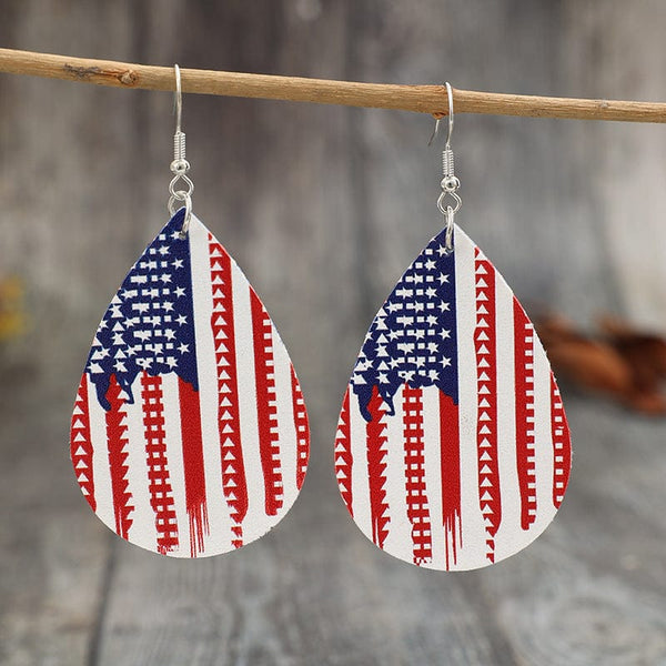 Deep Red / One Size PU Leather US Flag Teardrop Shape Earrings