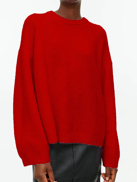 Deep Red / One Size Round Neck Drop Shoulder Sweater