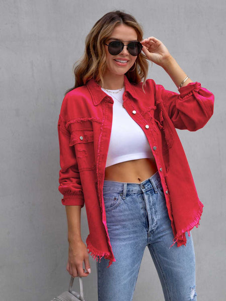 Deep Red / S Distressed Drop Shoulder Denim Jacket