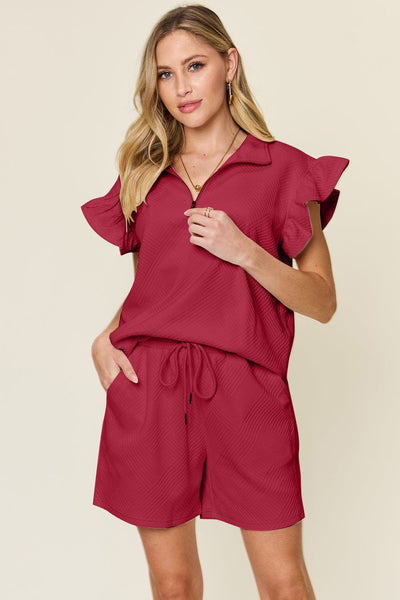 Deep Red / S Double Take Full Size Texture Flounce Sleeve Top and Drawstring Shorts Set