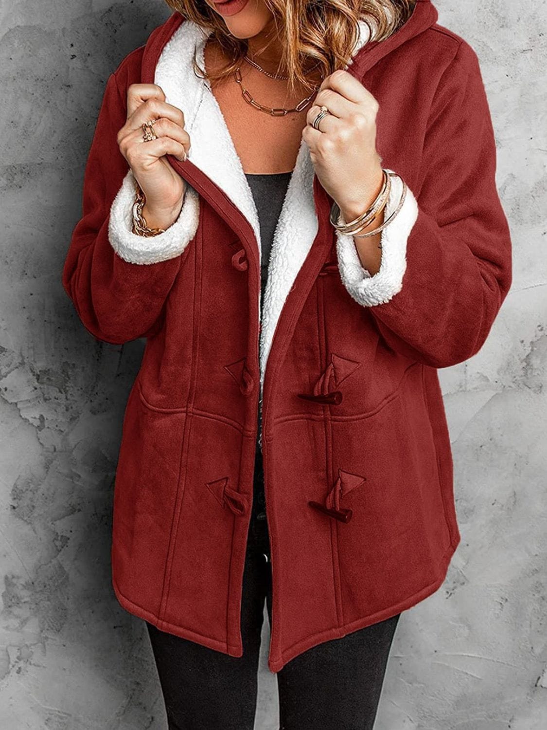 Deep Red / S Full Size Pocketed Long Sleeve Hooded Toggle Jacket