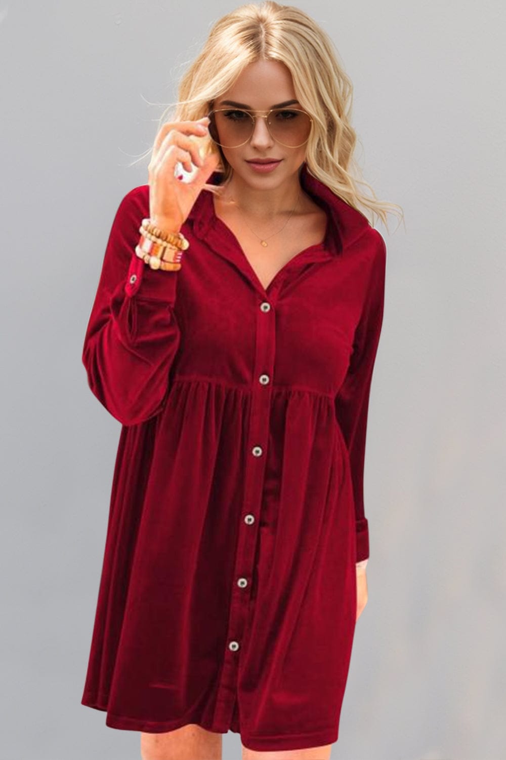 Deep Red / S Oh Full Size Collared Neck Long Sleeve Mini Dress