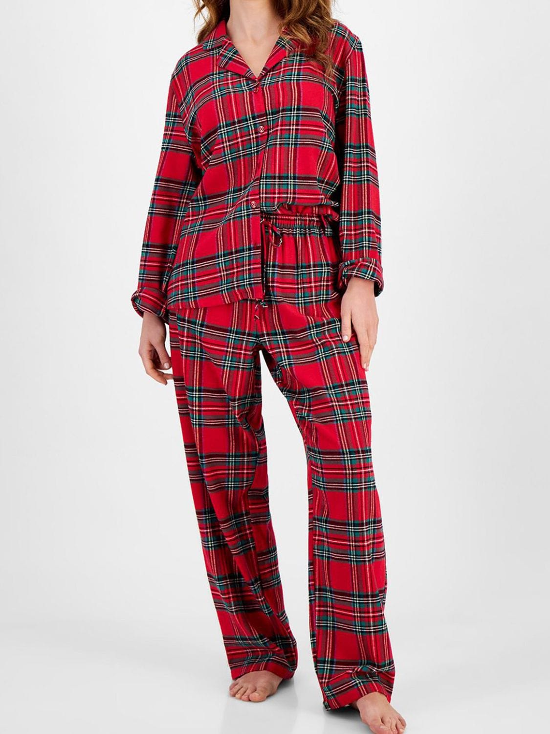 Deep Red / S Plaid Collared Neck Button Up Top and Pants Lounge Set