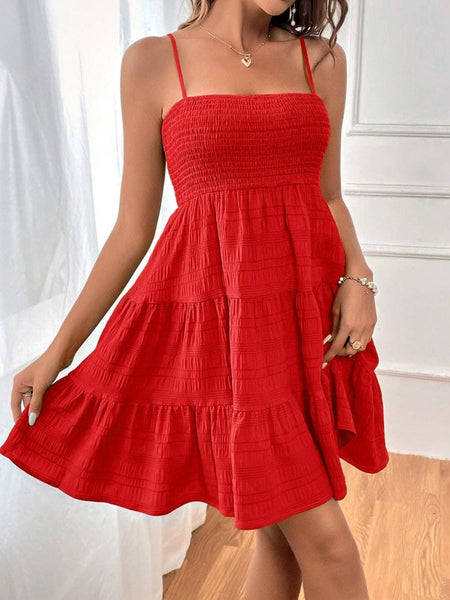 Deep Red / S Tiered Smocked Square Neck Cami Dress