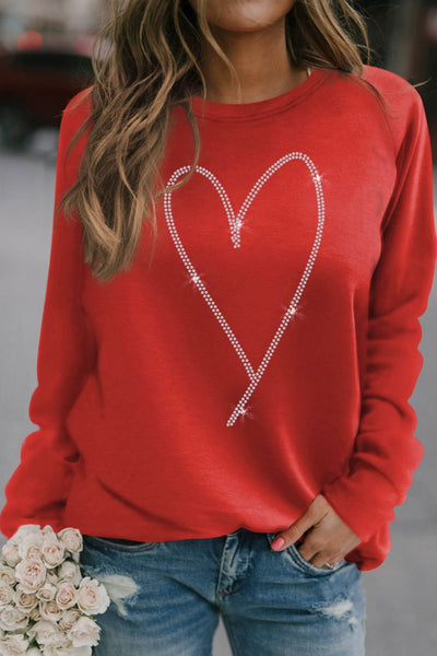 Deep Red / S Valentine's Day Rhinestone Heart Long Sleeve Sweatshirt