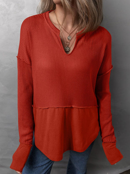 Deep Red / S Waffle-Knit Notched Long Sleeve T-Shirt