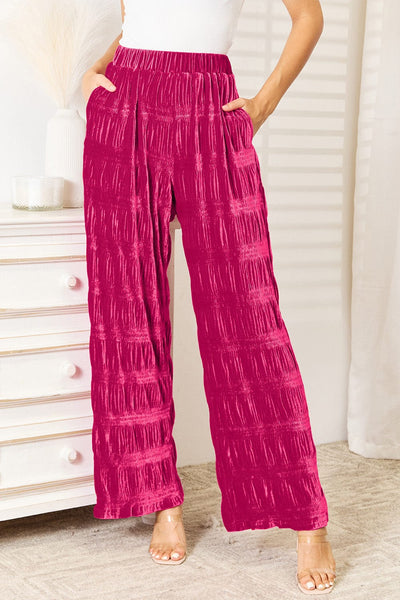 Deep Rose / S Double Take Full Size High Waist Tiered Shirring Velvet Wide Leg Pants