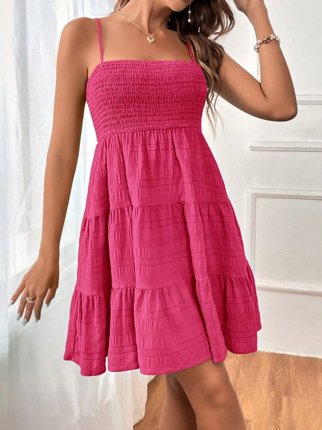 Deep Rose / S Tiered Smocked Square Neck Cami Dress