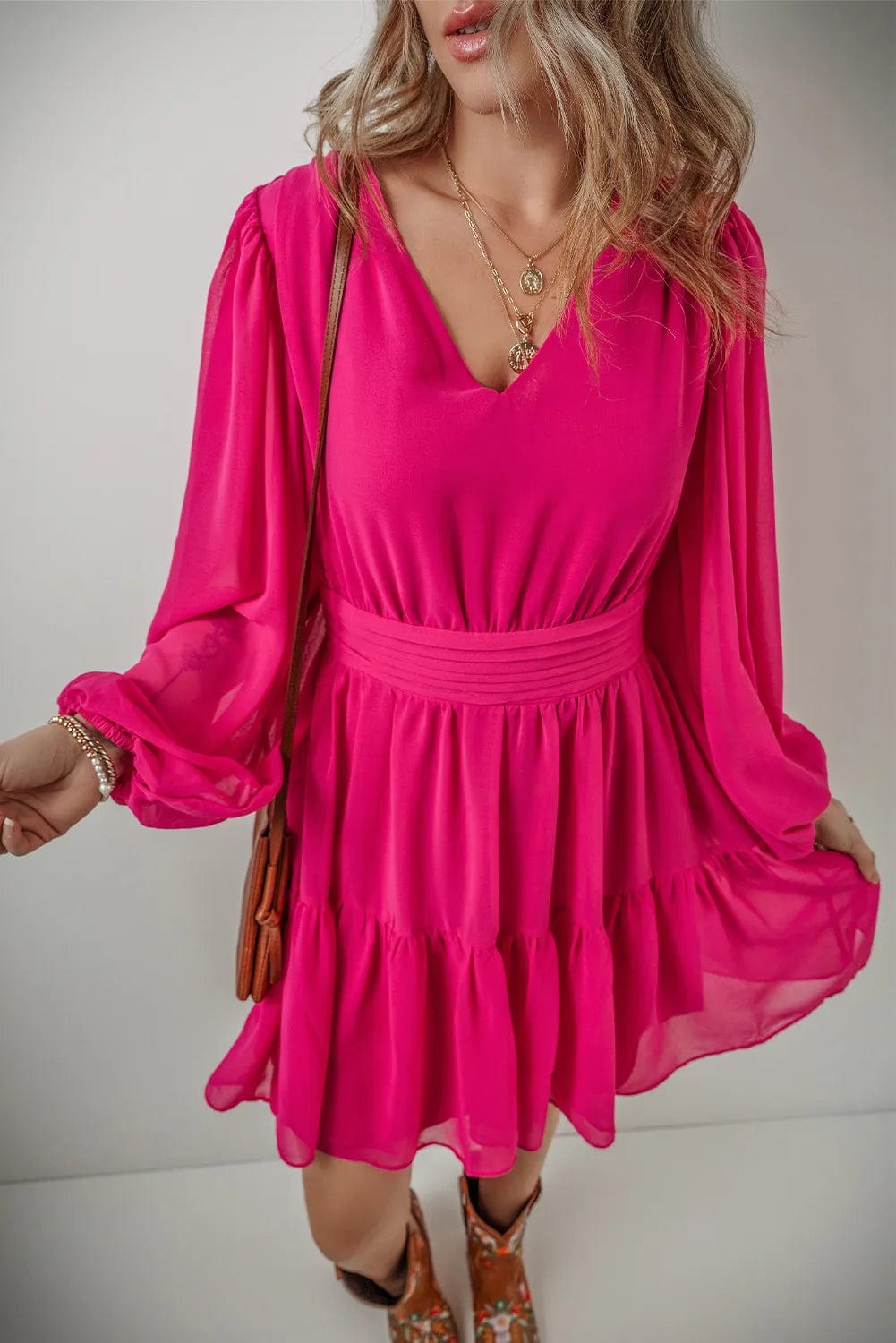 Deep Rose / S V-Neck Long Sleeve Mini Dress