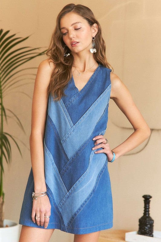 Denim / S ADORA Chevron Color Block V-Neck Denim Dress