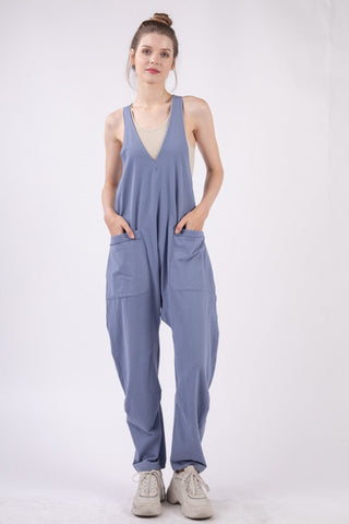 Denim / S VERY J  Plunge Sleeveless Jumpsuit with Pockets