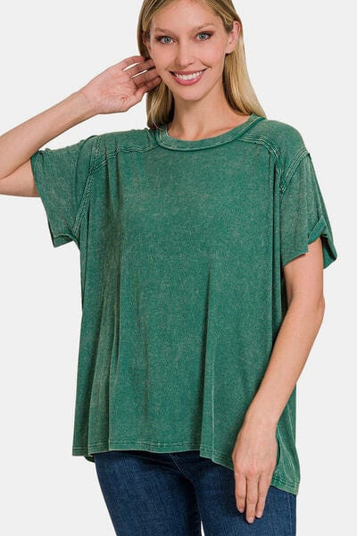 DKGREEN / S/M Zenana Washed Ribbed Short Sleeve Top