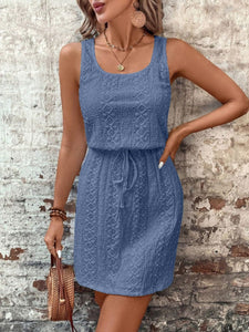 Dusty Blue / S Eyelet Drawstring Round Neck Sleeveless Dress