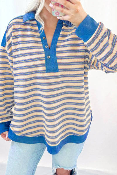 Dusty Blue / S Striped Johnny Collar Long Sleeve Sweatshirt