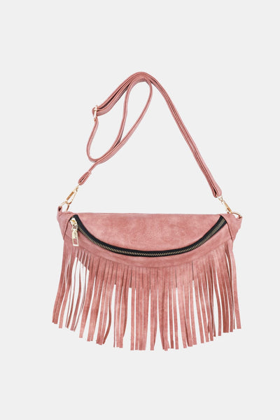 Dusty Pink / One Size Fringed PU Leather Sling Bag