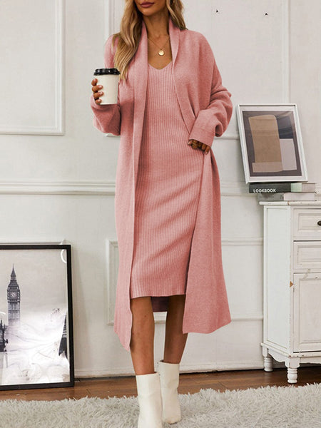 Dusty Pink / One Size V-Neck Cami Dress and Open Front Cardigan Sweater Set