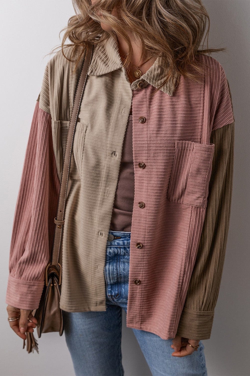 Dusty Pink / S Button Up Color Block  Long Sleeve Shacket