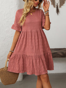 Dusty Pink / S Mandy Ruffled Ruched Round Neck Half Sleeve Dress