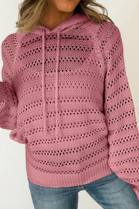 Dusty Pink / S Openwork Drawstring Long Sleeve Hooded Knit Cover Up