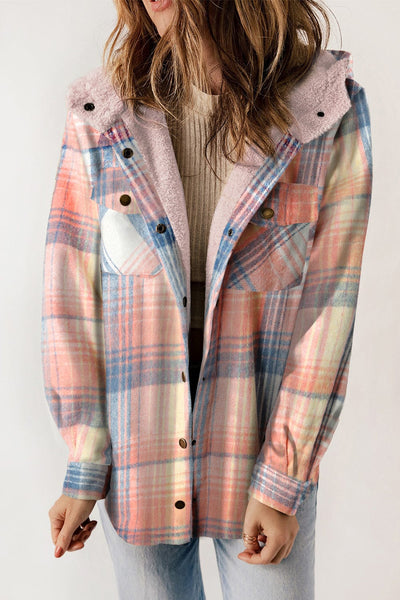 Dusty Pink / S Plaid Snap Down Hooded Jacket