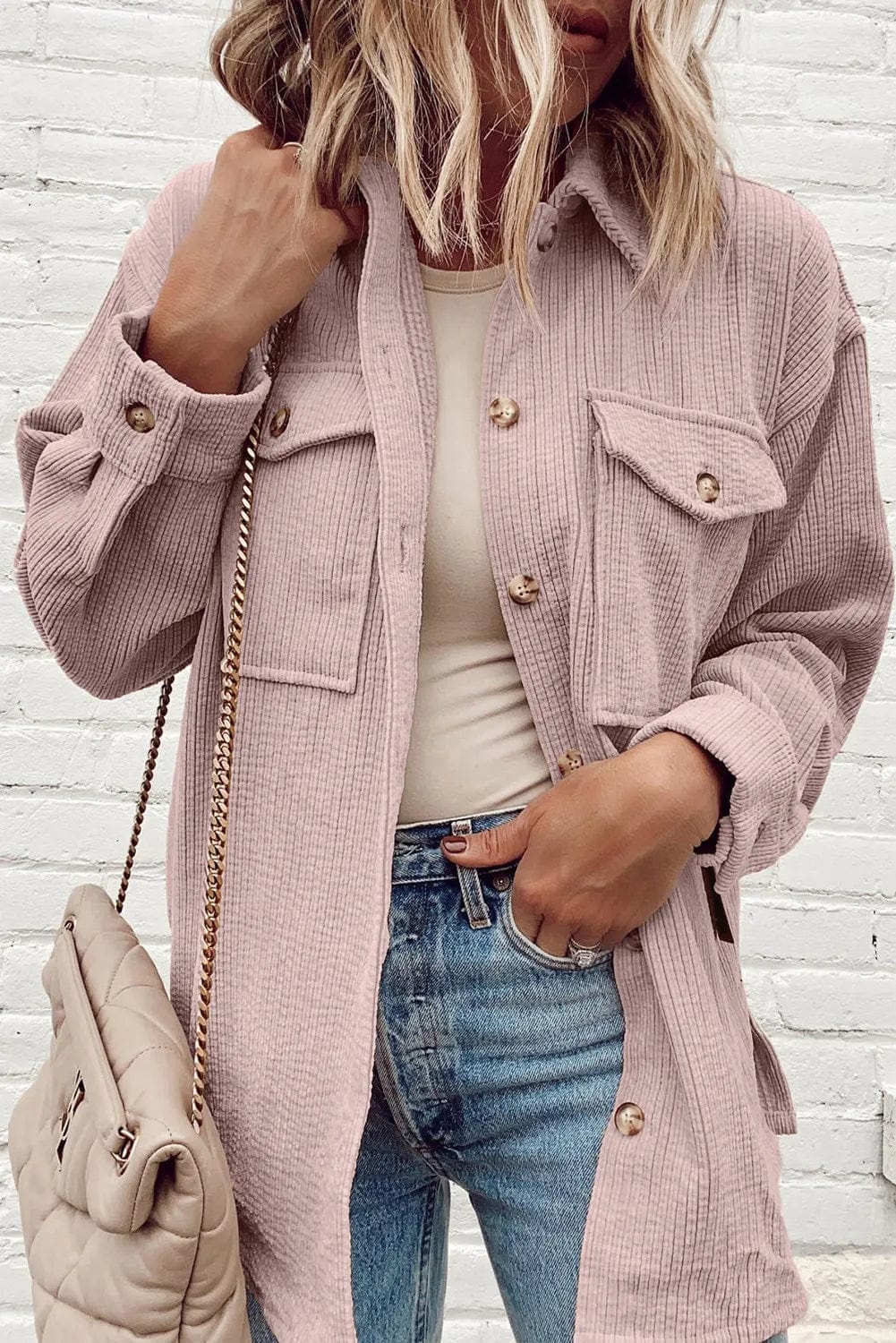 Dusty Pink / S Pocketed Button Up Dropped Shoulder Shacket