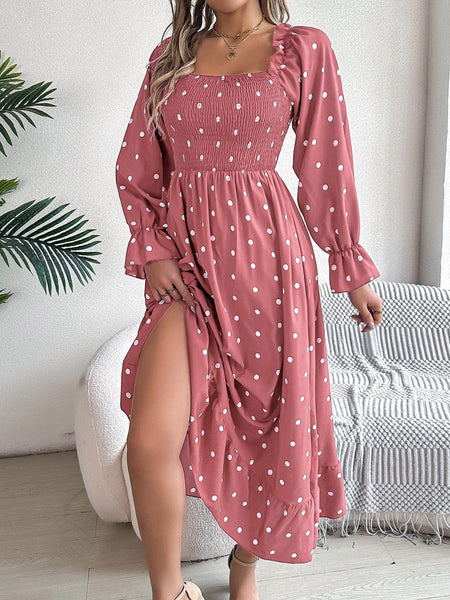 Dusty Pink / S Polka Dot Flounce Sleeve Midi Dress