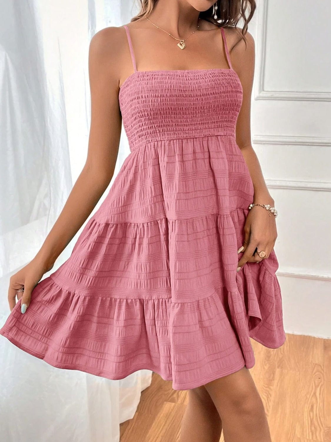 Dusty Pink / S Tiered Smocked Square Neck Cami Dress