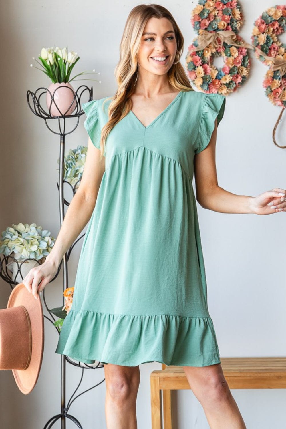 Dusty Sage / S Heimish Full Size Short Sleeve V Neck Ruffled Hem Dress