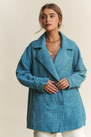 Emerald Sea / S J.NNA Tweed Double-Breasted Long Sleeve Coat