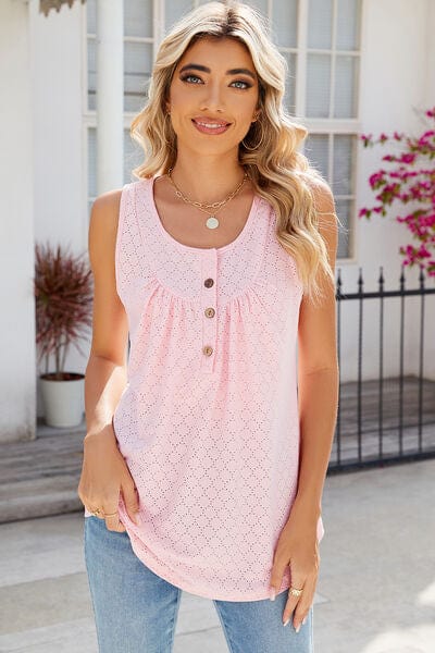 Eyelet Buttoned Round Neck Tank