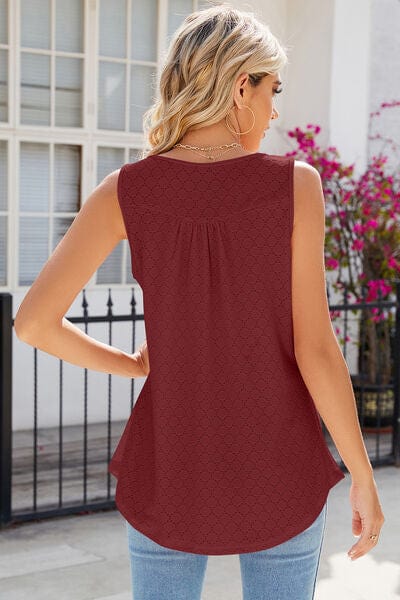 Eyelet Buttoned Round Neck Tank