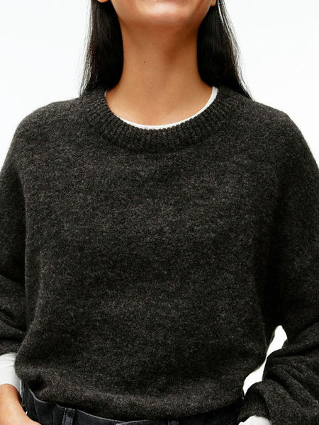 Floral Gray / One Size Round Neck Drop Shoulder Sweater