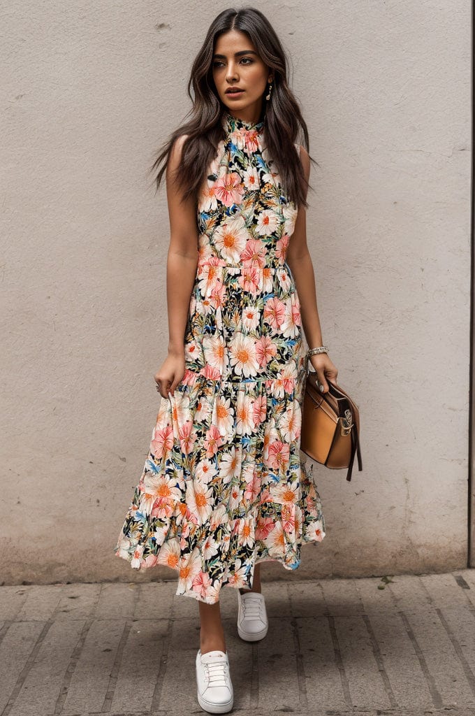 Floral / S Printed Tiered Pocketed Mock Neck Midi Dress