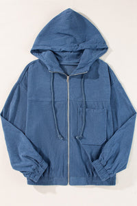 French Blue / S Corduroy Zip Up Long Sleeve Hooded Jacket