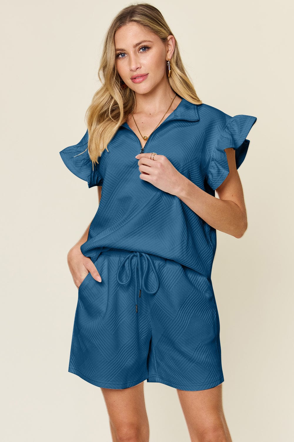 French Blue / S Double Take Full Size Texture Flounce Sleeve Top and Drawstring Shorts Set