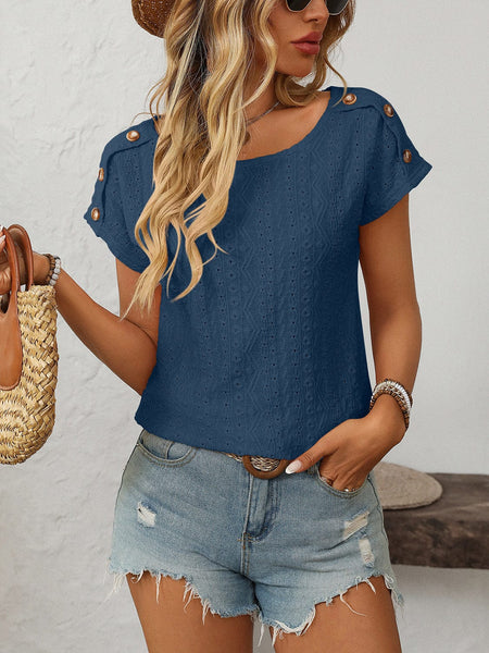 French Blue / S Mandy Eyelet Round Neck Short Sleeve Top