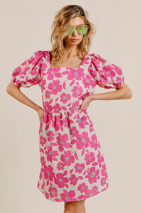 Fuchsia Combo / S BiBi Printed Square Neck Puff Sleeve Mini Dress