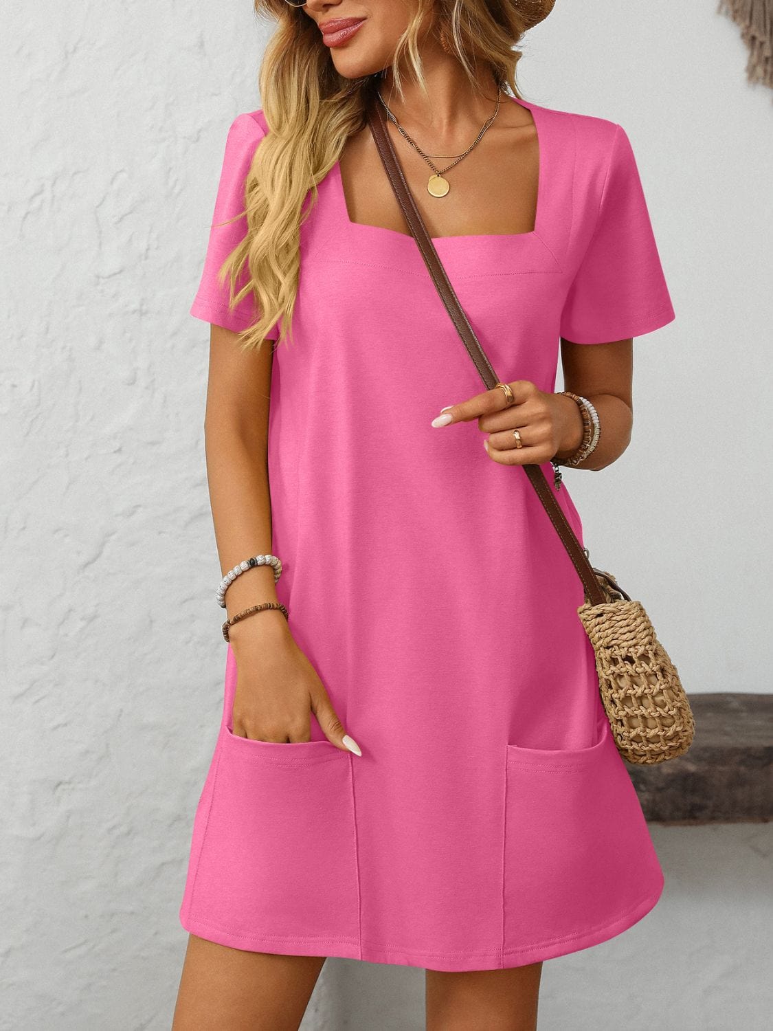 Fuchsia Pink / S Mandy Square Neck Short Sleeve Mini Dress