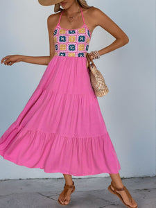 Fuchsia Pink / S Perfee Printed Halter Neck Tiered Midi Dress