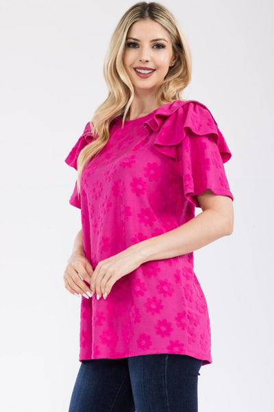 Fuchsia / S Celeste Full Size Ruffle Layered Short Sleeve Daisy Floral Top