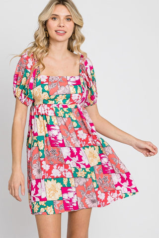 Fuchsia / S GeeGee Floral Ruff Sleeve Mini Dress