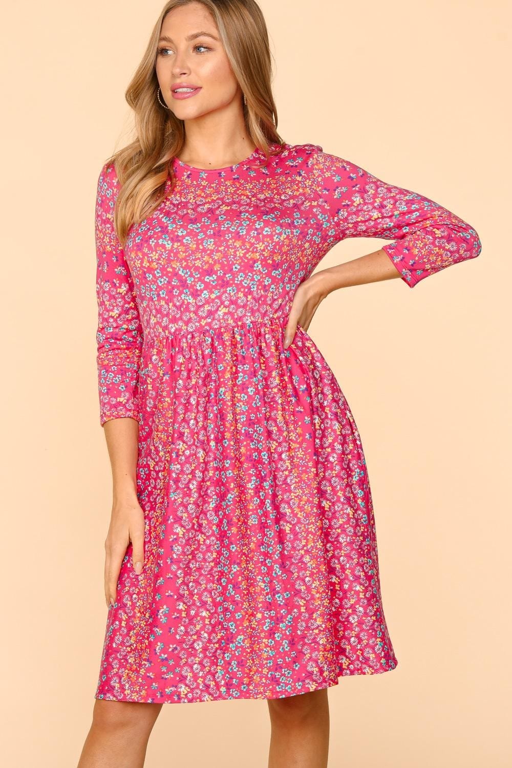 Fuchsia / S Haptics Round Neck Floral Dress with Pockets